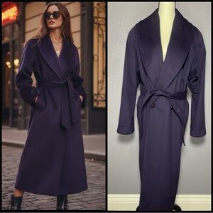 Vintage Wool Blend Long Wrap Coat w/ Tie Waist Deep Purple